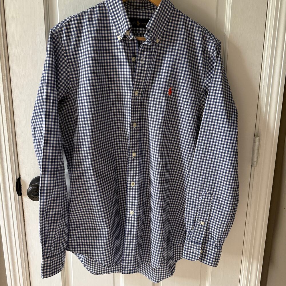 Ralph Lauren Men's Gingham Shirt Medium Blue White Orange Pony Long Sleeve